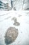 Show footprints in snow on sidewalk along the park