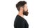 Show hairstyle in profile. make look more elegant. confidence and success. Elegance stays in fashion. man posing