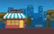 Showcase Bakery Shop Food Store Facade Night Cartoon Illustration