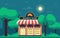 Showcase Bakery Shop Food Store Facade Night Cartoon Illustration