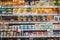 Showcase with chilled fish products in a supermarket. Blurred. Healthy eating