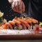 Showcase the delicate and precise details of a sushi masterpiece in a closeup shot