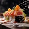 Showcase the delicate and precise details of a sushi masterpiece in a closeup shot