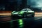 Showcase the futuristic power of a light green and black electric car speeding down a sleek highway