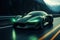 Showcase the futuristic power of a light green and black electric car speeding down a sleek highway