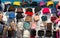 Showcase in hat shop, fabric textile headwear
