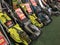 Showcase of lawn mowers in store