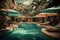 Showcase a luxurious pool area with all the amenities, such as cushy lounge chairs, umbrellas, and a bar with tropical drinks. The