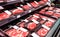 Showcase meat raw products in a supermarket