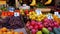 Showcase with Various Fruits, Persimmons, Pomegranate, Tangerines, Pears and more in the Street Market