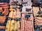 Showcase with various meat products in delicatessen section, Riga. Latvia.