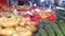 Showcase vegetables. Counter with vegetables on the food market.