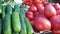 Showcase vegetables. Counter with vegetables on the food market.