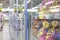 Showcases with frozen foods in a supermarket. Side view. Close-up