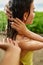 Shower On Beach. Closeup Woman Washing Hair At Pool Shower.