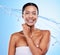 Shower, water and black woman with splash to clean, beauty and hygiene portrait with wellness and skincare against