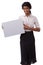 Showing off your business. A smiling indian woman holding a blank card in corporate wear.