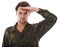 Showing respect to his superiors. Portrait of a military man saluting against a white background.