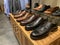 Showroom shelves with of lots of leather shoes,