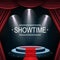 Showtime banner with podium and curtain illuminated by spotlights