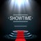 Showtime banner with podium and red carpet illuminated by spotlights