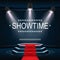 Showtime banner with podium and red carpet illuminated by spotlights