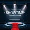 Showtime banner with podium and red carpet illuminated by spotlights