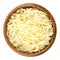 Shredded mozzarella pizza cheese in wooden bowl over white