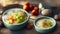 Shredded Steamed Chicken Congee served in a bowl side view on marble background traditional food. Generative AI