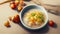 Shredded Steamed Chicken Congee served in a bowl side view on marble background traditional food. Generative AI