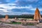 Shree virupaksha temple with bright dramatic sky background at evening