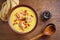 Shrimp, bacon and corn chowder. Creamy corn vegetable soup with shrimps and bacon