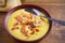 Shrimp, bacon and corn chowder. Creamy corn vegetable soup with shrimps and bacon