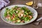 Shrimp bacon and green peas salad. Healthy food.