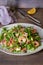 Shrimp bacon and green peas salad. Healthy food.