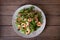 Shrimp bacon and green peas salad. Healthy food.