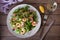 Shrimp bacon and green peas salad. Healthy food.