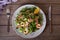 Shrimp bacon and green peas salad. Healthy food.