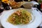 Shrimp and courgette pasta dish in italy