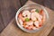 Shrimp delicious seasoning spices on glass bowl and wooden table background cooked shrimps or prawns , Seafood shelfish