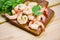 Shrimp delicious seasoning spices on wooden cutting board background - cooked shrimps or prawns , Seafood shelfish