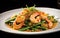 Shrimp dish with spring beans on a white plate on a black background