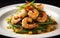 Shrimp dish with spring beans on a white plate on a black background