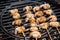Shrimp kabobs on round grill over hot coals horizontal layout