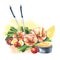 Shrimp with lettuce leaves, quail eggs, cherry tomatoes, lemon, sauce and chopsticks. Watercolor illustration