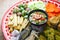 Shrimp - paste sauce with vegetables, omelet, fried mackerel on