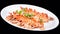 Shrimp prawn appetizer cooked seasoned seafood dish isolated on black background , chinese cuisine