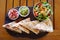 Shrimp quesadillas with guacamole and pico