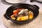 Shrimp Roe and Ginseng Tofu in a dish isolated on grey background side view of Hong kong food