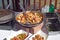 Shrimp Scampi street food in a frying pan close up photograph